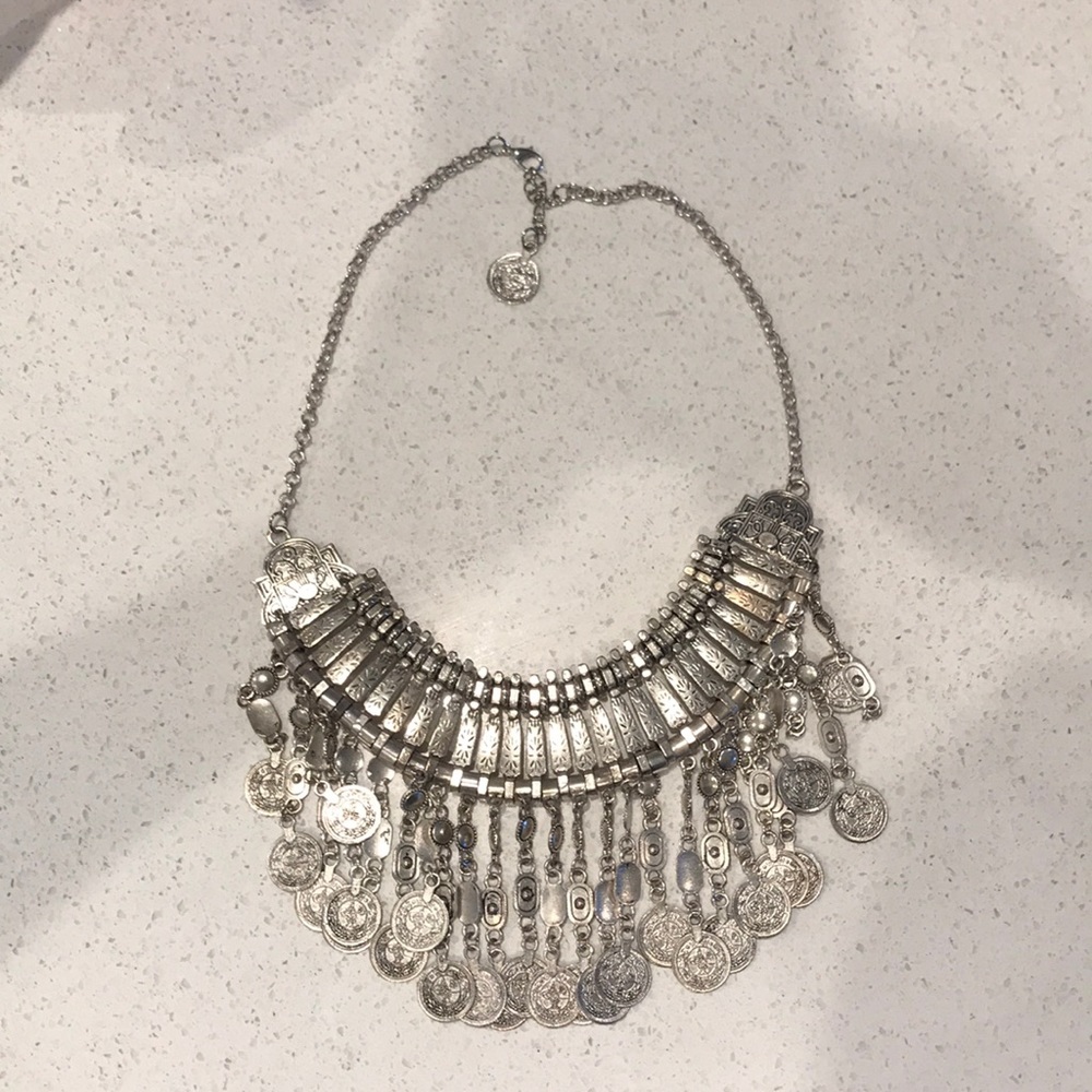 Silver coin statement necklace